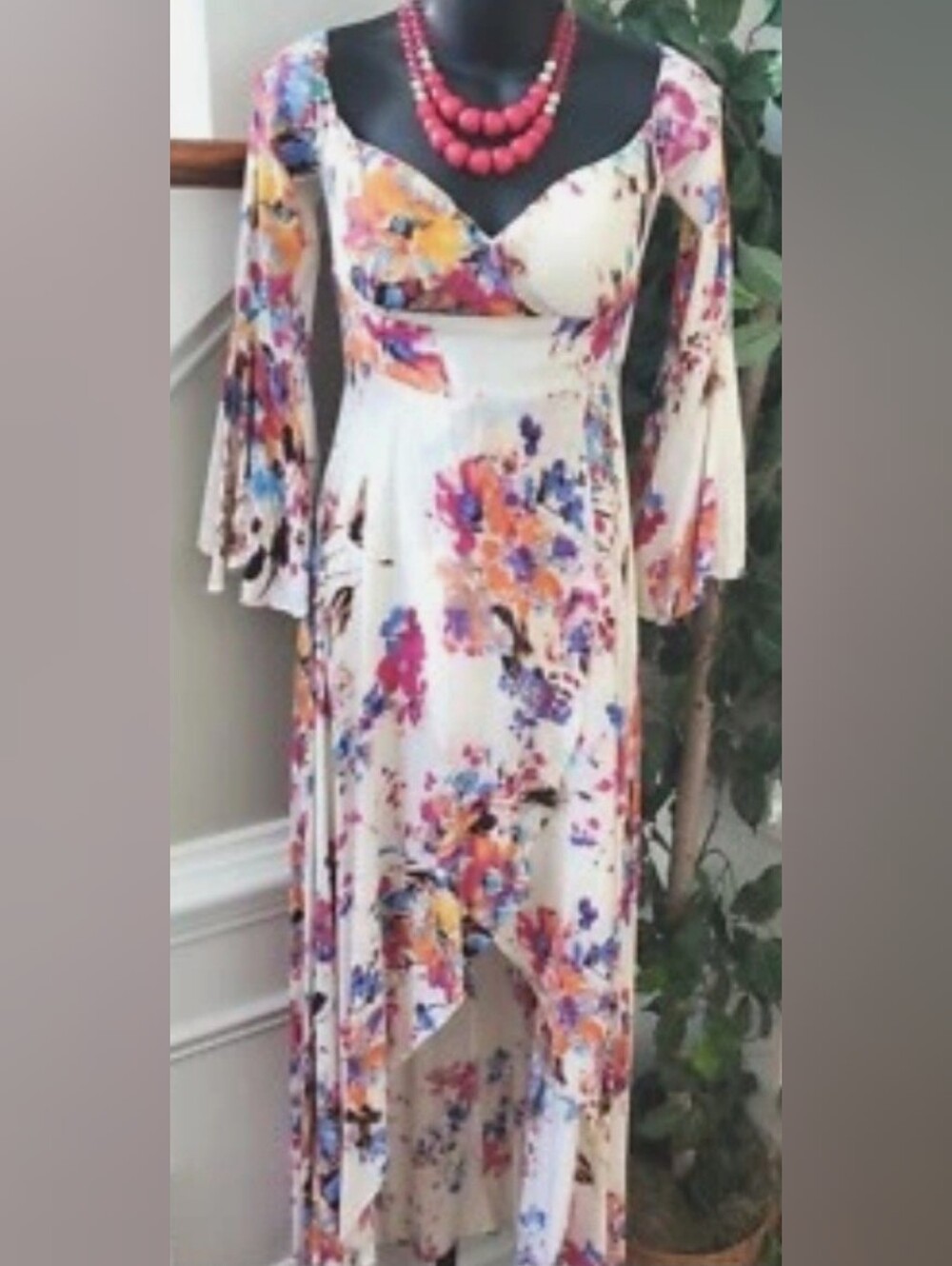 Fashion Nova Cream Floral High Low Dress with Bell Sleeves